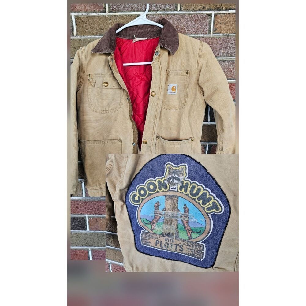 Vtg Carhartt Barn Chore Coat Jacket Sz Youth 10 Brown Coon Hunt With plotts USA